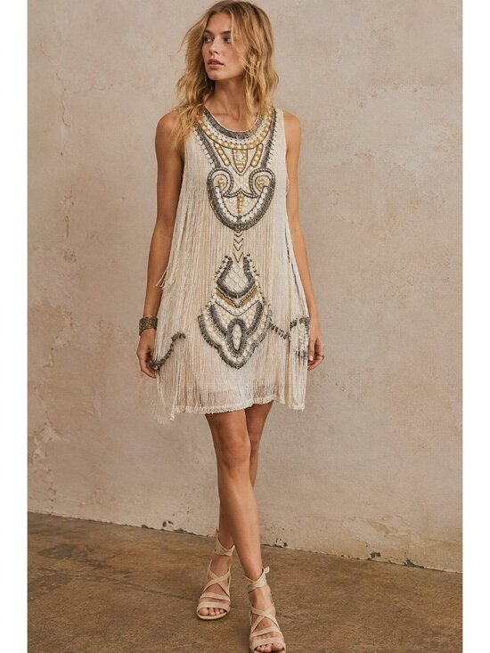 Free People Dresses & Skirts - Art Deco/Boho/Festival Free People Beaded Fringe Dress Cream/Ivory L